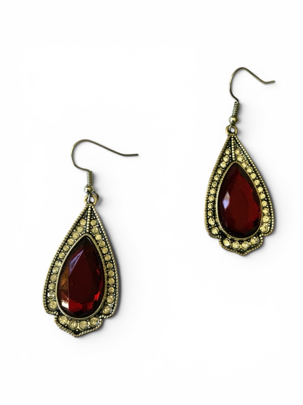 Vintage Y2K Red Glass Teardrop Earrings w/ Rhinestone Halo - Picture 5 of 9